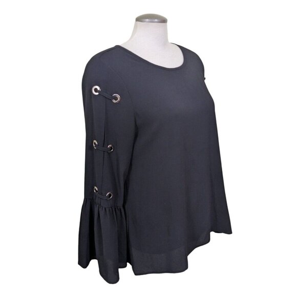 Spense Blouse Women Size Medium Black Split Long Bell Sleeve Grommet Accent - Picture 1 of 8